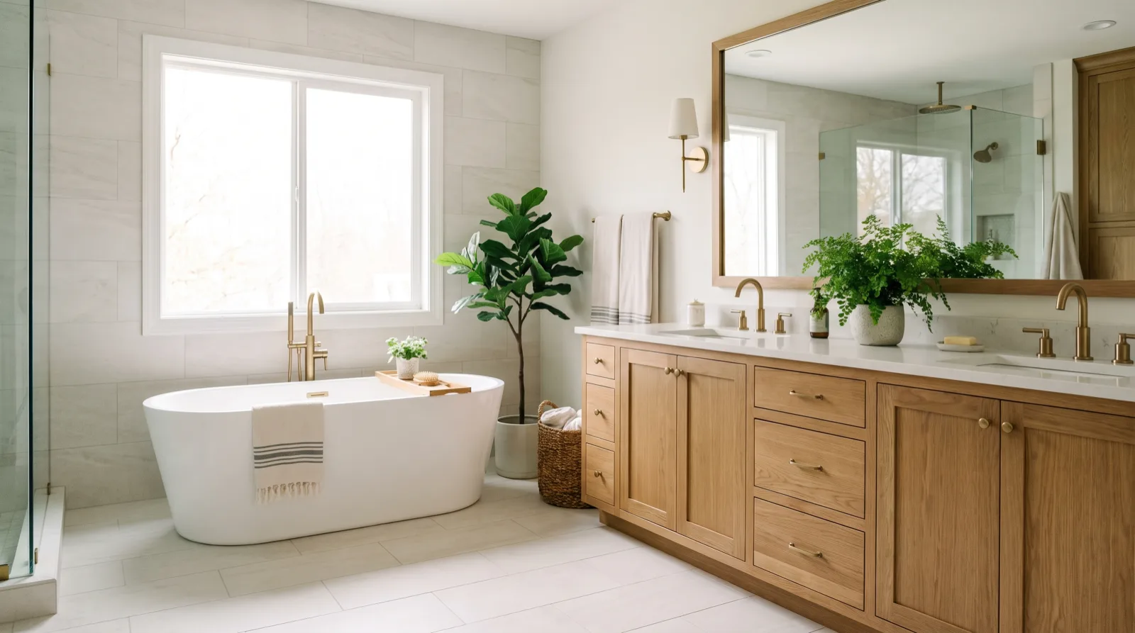 The same room reimagined as a bright, airy bathroom with a freestanding tub and oak vanity