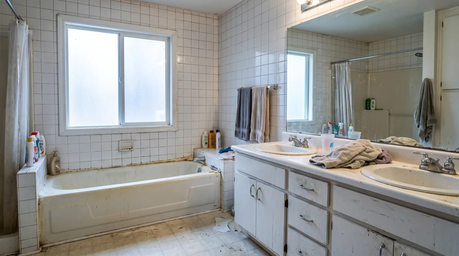 A worn, cluttered white bathroom with an old drop-in tub before an ROC remodel