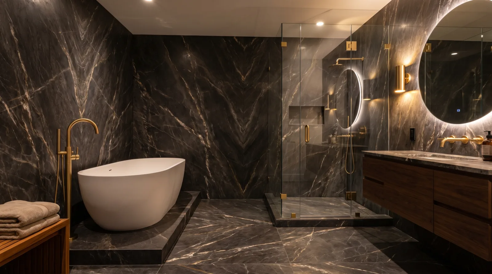 The same room transformed into a charcoal marble spa with a freestanding tub and brass fixtures