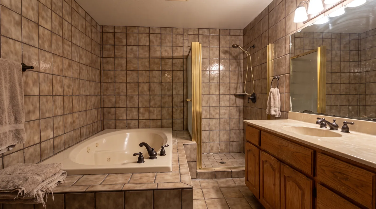 A dated brown-tile bathroom with an old jetted tub before an ROC remodel