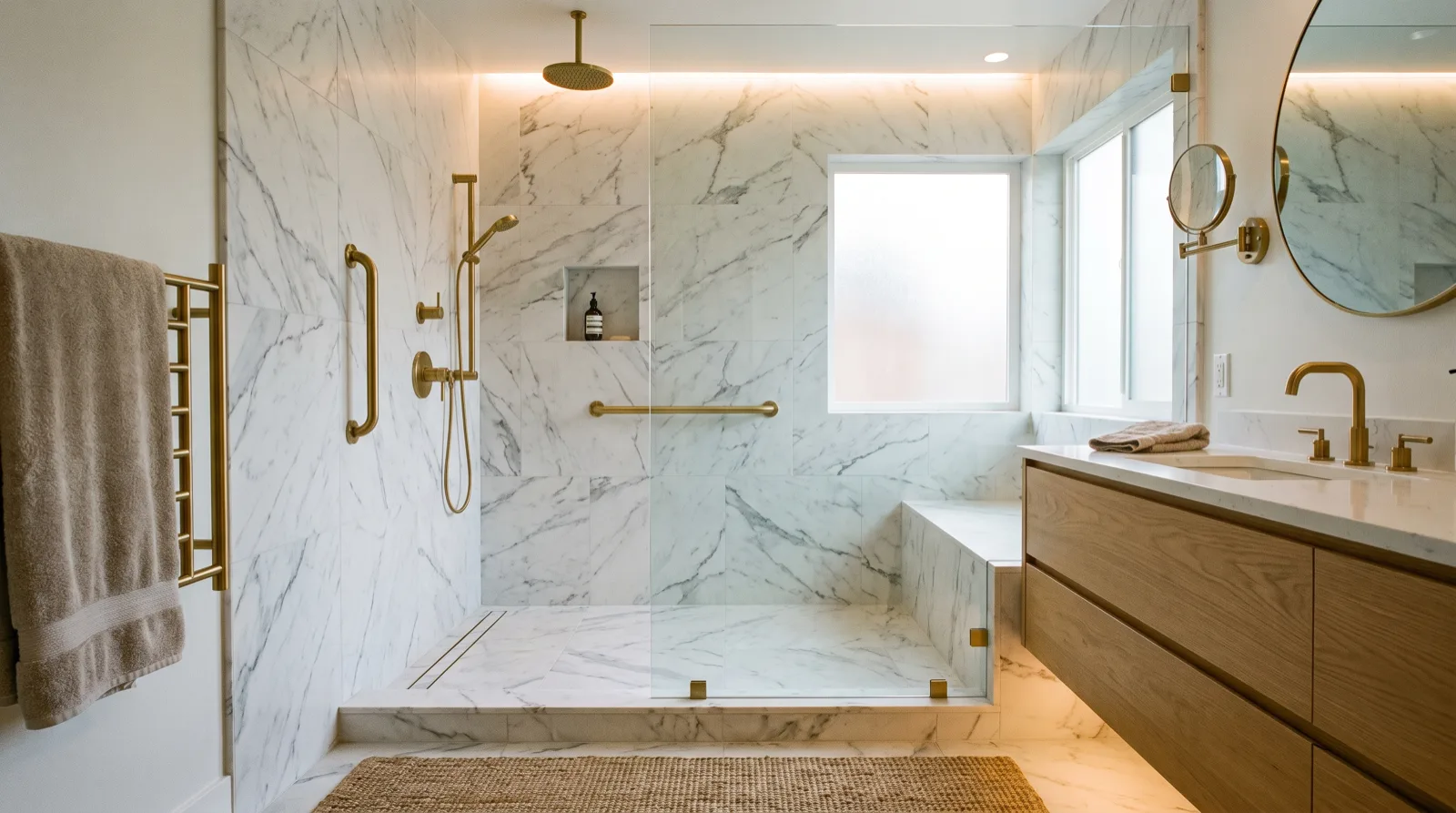 The same bathroom rebuilt as a bright marble walk-in shower with brass fixtures
