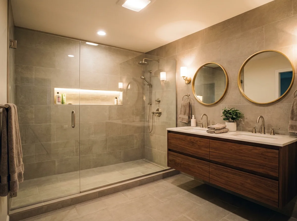 Upscale custom bathroom remodel with double vanity