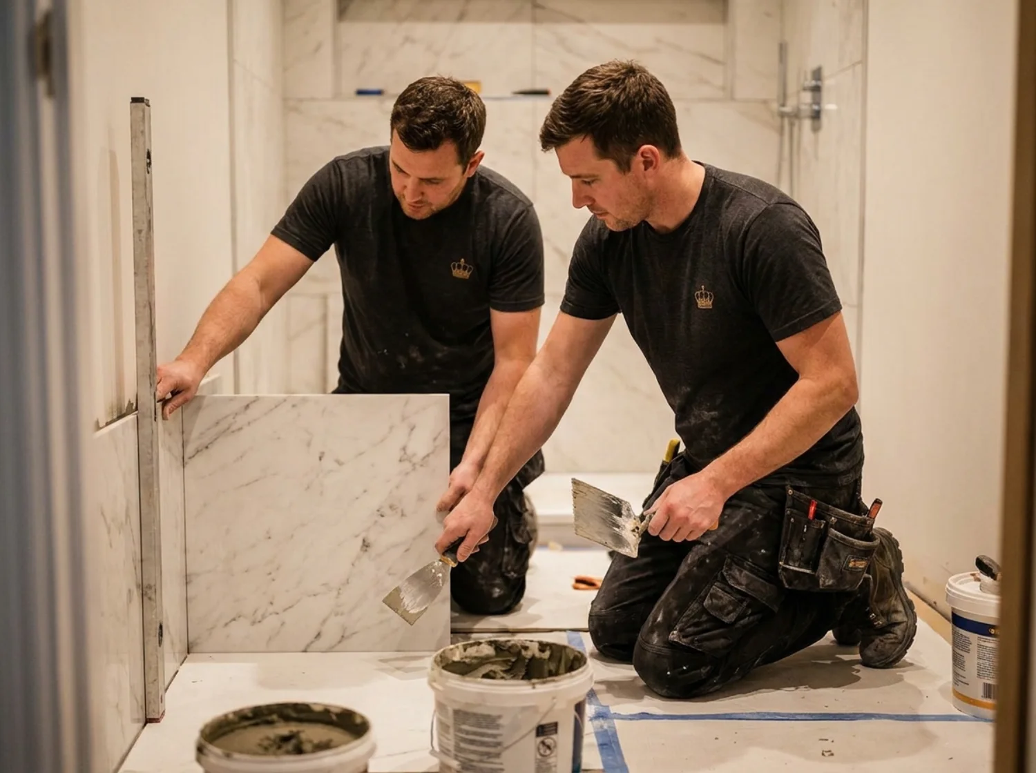 ROC Services craftsmen in branded charcoal uniforms installing marble tile