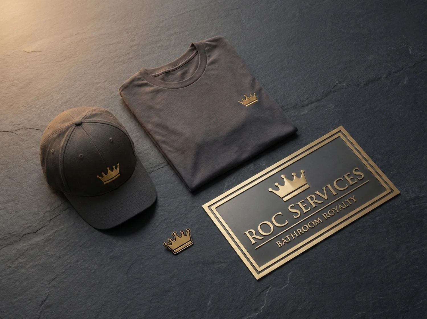 ROC Services branded merchandise — tee, cap, crown pin and yard sign