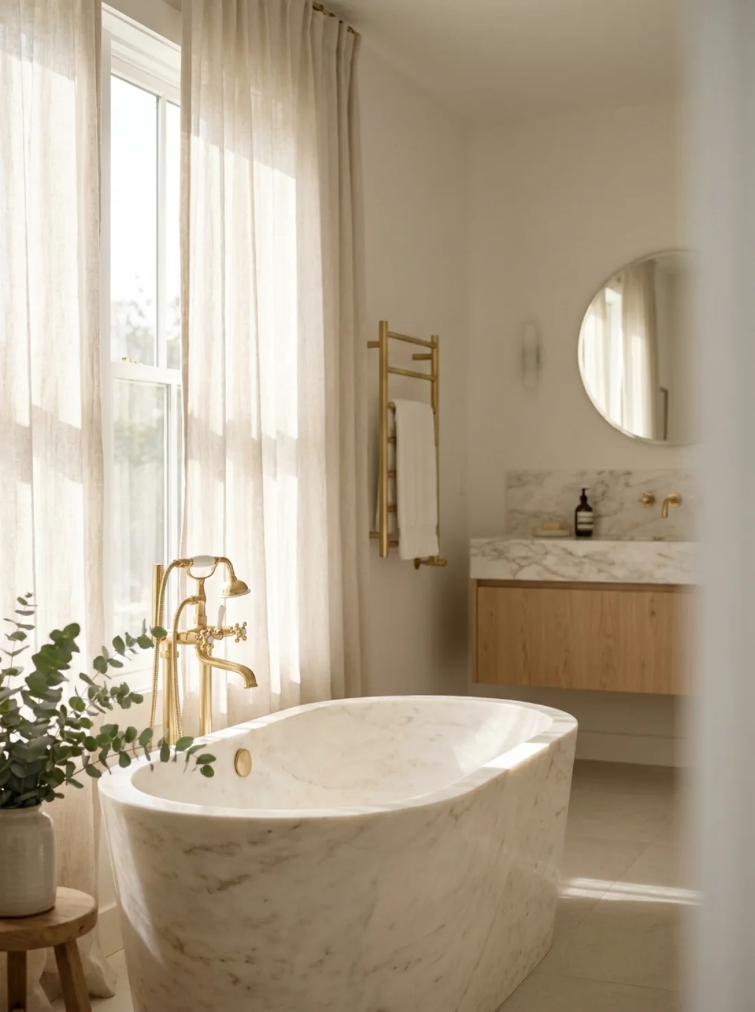 Bright airy farmhouse bathroom with freestanding tub