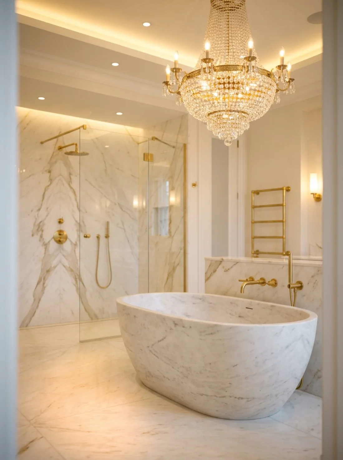 Luxury marble spa bathroom with chandelier and brass fixtures