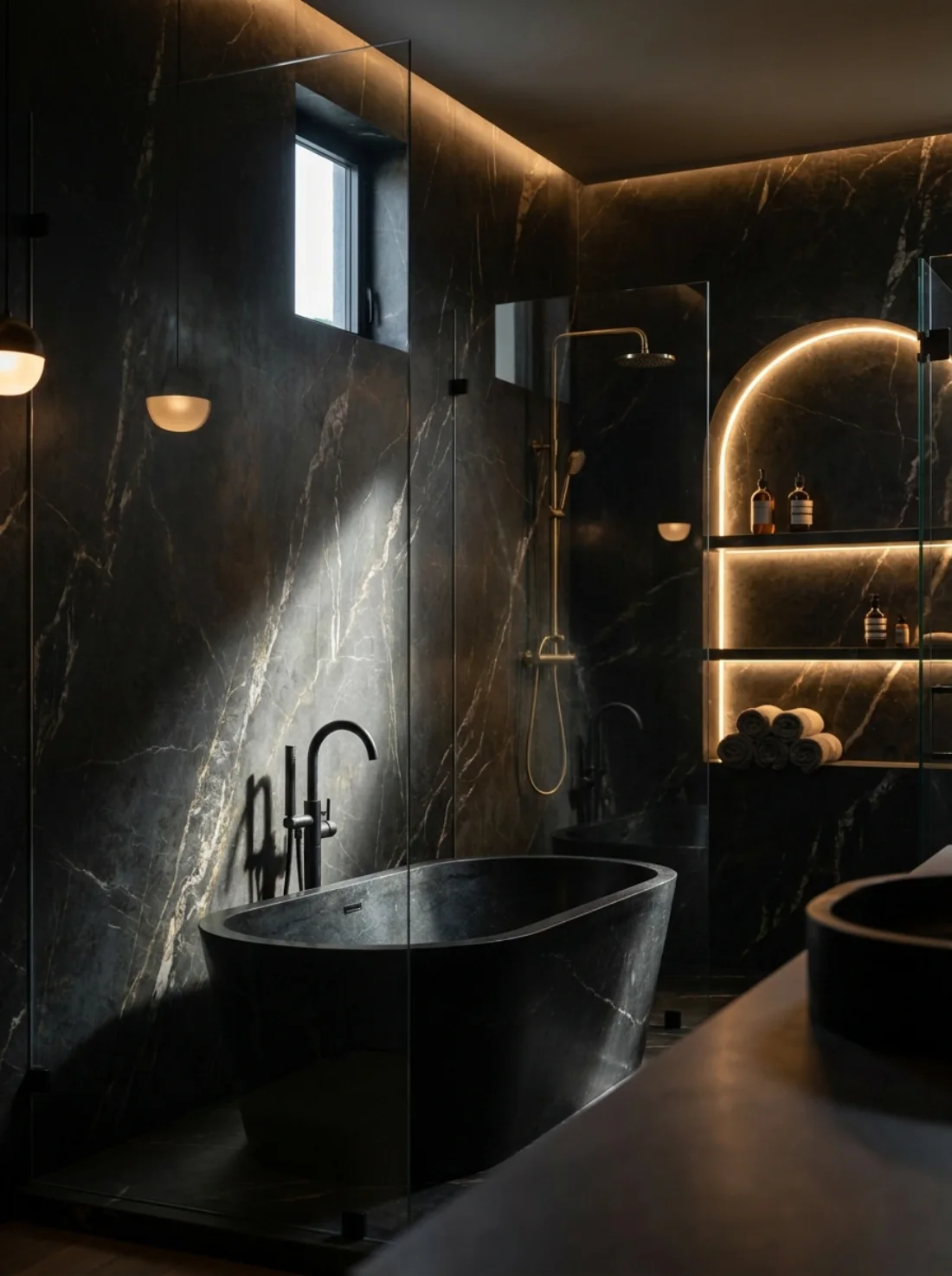 Dramatic dark luxury spa bathroom with brass fixtures