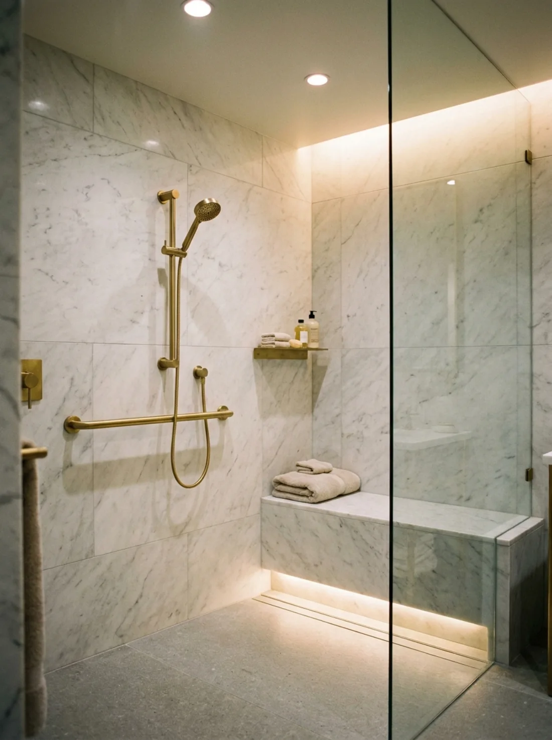 Safe low-threshold walk-in shower conversion with brass grab bar