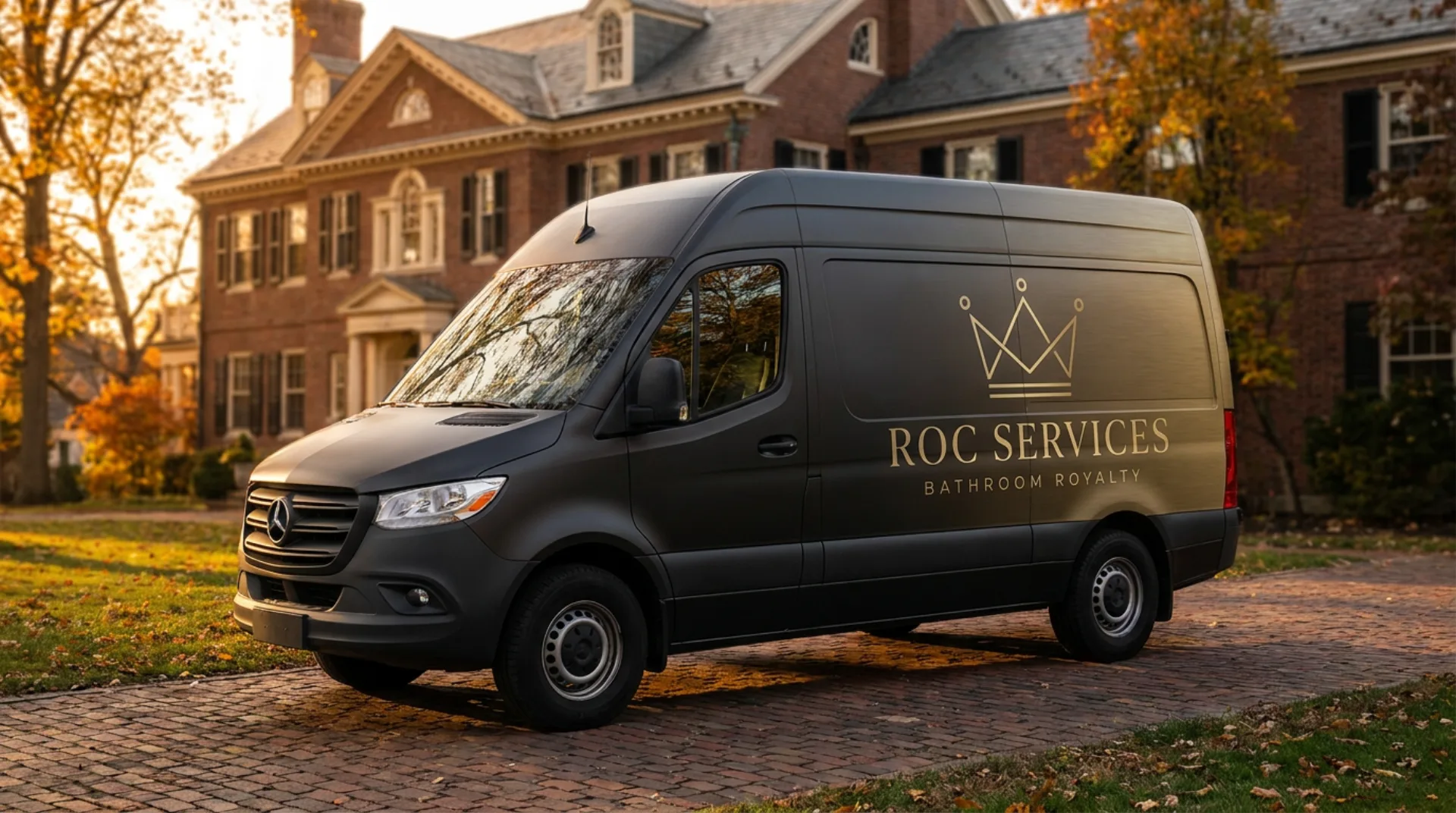 Charcoal ROC Services branded work van with a brass crown, parked at a Rochester home